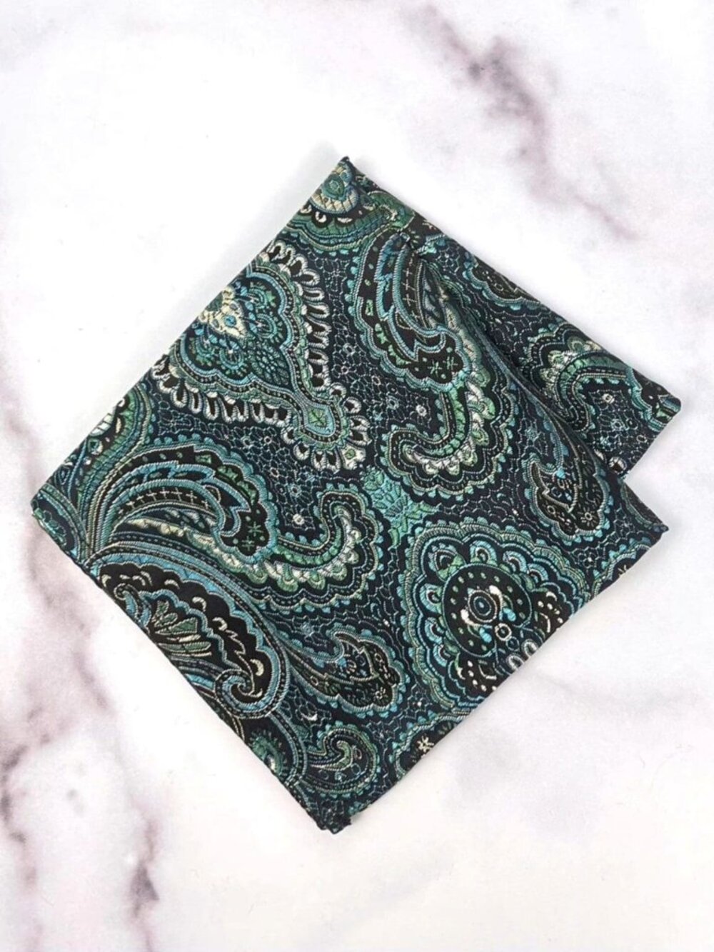 Paisley Pattern Brocade Pocket Square | Black & Teal